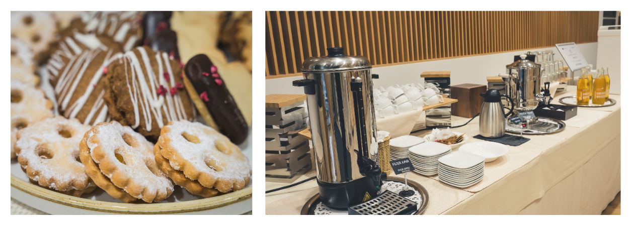 Coffee break setup with snacks and drinks at City Hotel Ljubljana.