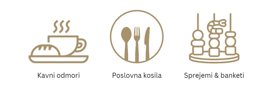 Ikone za prilagojene odmore za kavo, poslovna kosila ter sprejeme z banketi.