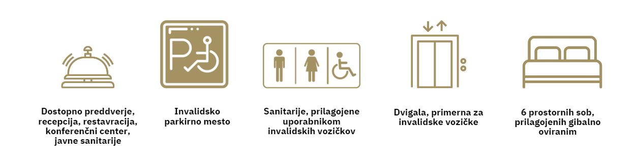 Ikone za dostopno avlo, parkiri&scaron;če, sanitarije, dvigala in 6 sob za gibalno ovirane.