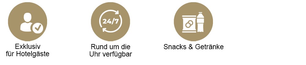 Symbole f&uuml;r exklusiv f&uuml;r Hotelg&auml;ste, rund um die Uhr verf&uuml;gbar, Snacks und Getr&auml;nke