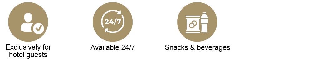Icons for hotel guest access only, 24/7 availability, and snacks with beverages