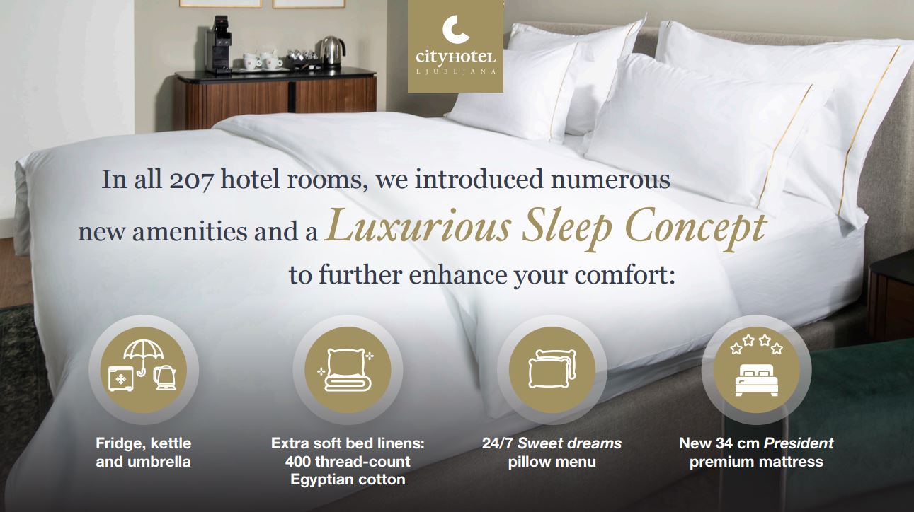 Luxurious Sleep Concept at City Hotel Ljubljana with premium bed, pillow menu, and soft Egyptian linens