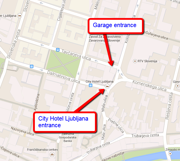 Map of Ljubljana with marked entrance to City Hotel Ljubljana garage