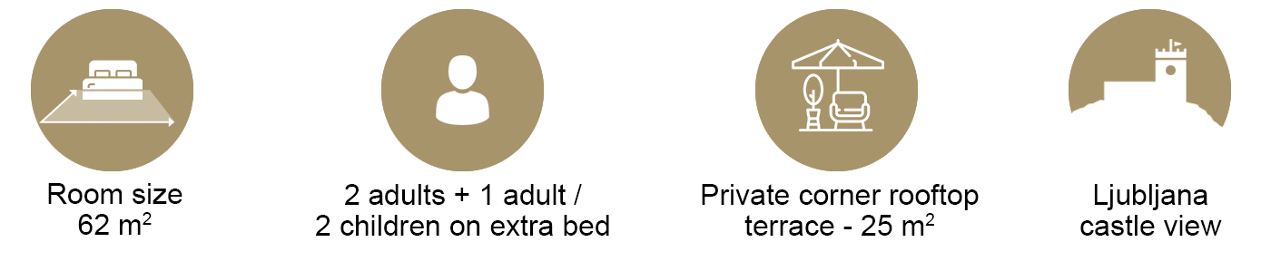 Icons for 62 m&sup2; room, 2 adults + 1 adult or 2 children, 25 m&sup2; rooftop terrace, and Ljubljana Castle view.