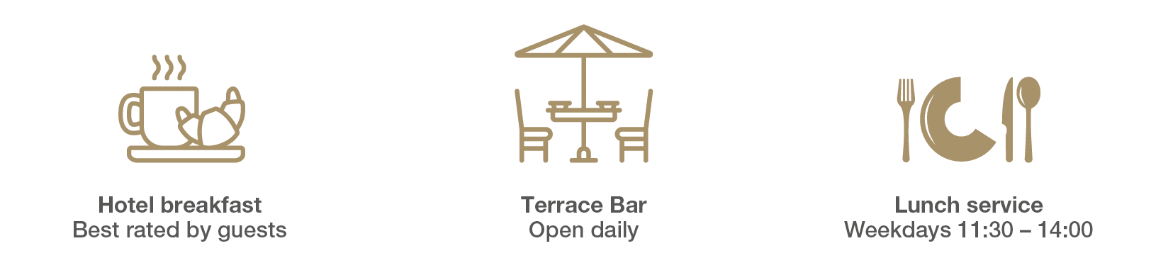 Icons for top-rated hotel breakfast, daily open terrace bar, and weekday lunch service.